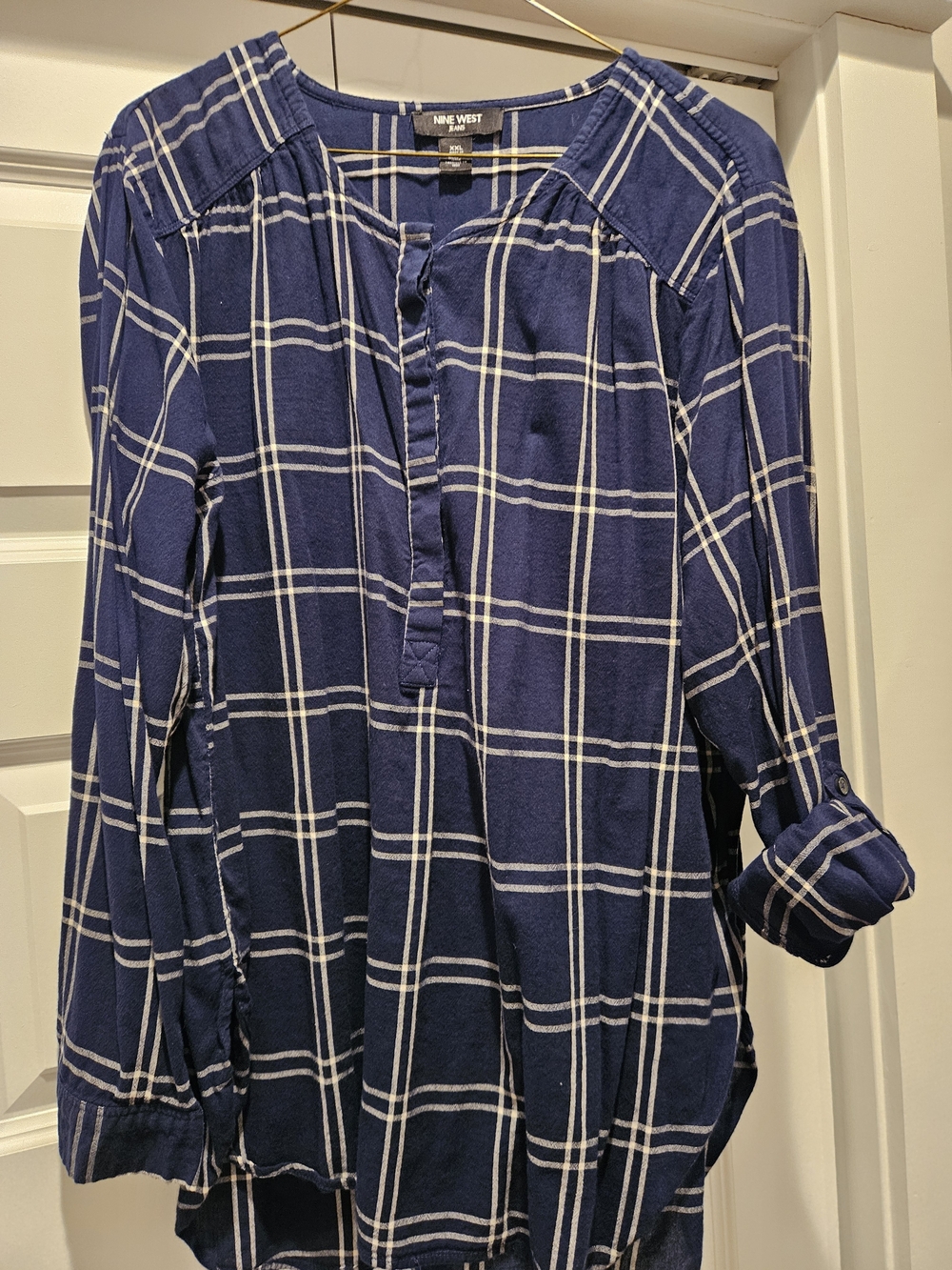 Nine West Navy and White Plaid Pullover Henley Tunic - XXL